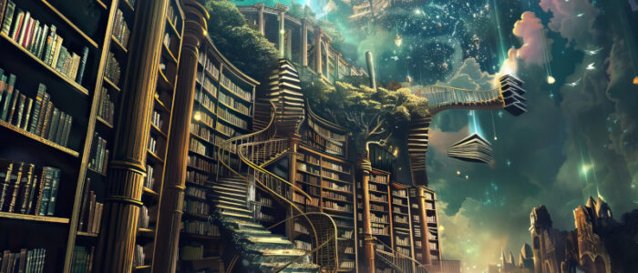 Image of a library in a cosmic setting